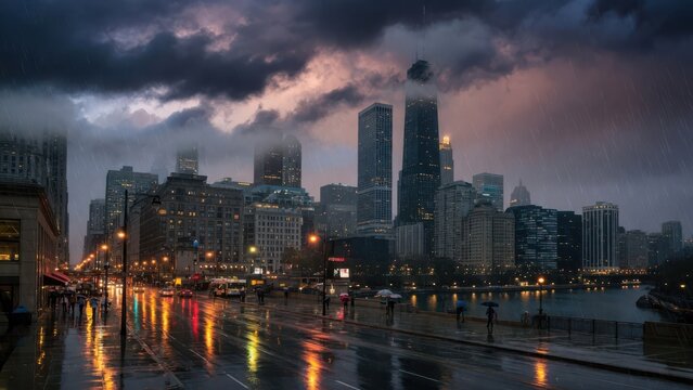 Rainy evening scenery in chicago captures the dramatic downtown skyline reflected on wet pavement while pedestrians walk along the local waterway during a moody thunderstorm under dark overcast s