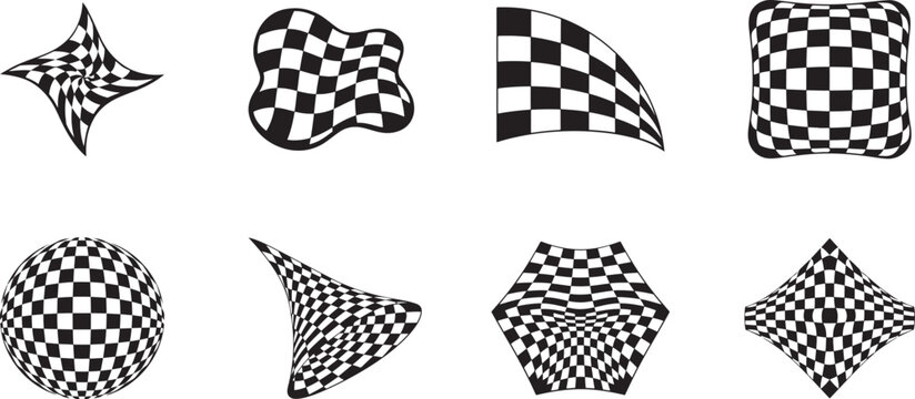 Distorted checked forms set with fluid liquid wavy squares. Editable EPS vector for modern graphic design.