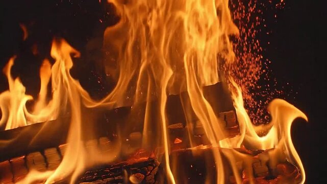 Bright orange flames dance over burning wooden logs in darkness