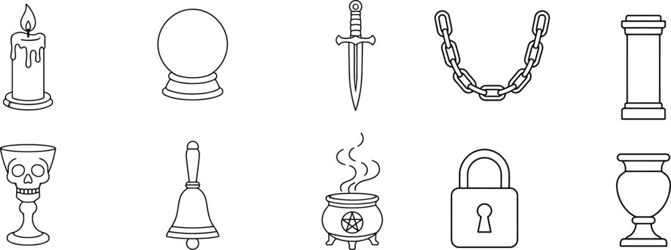 Magic and fantasy mystery line art icons with candle crystal ball sword skull and goblet
