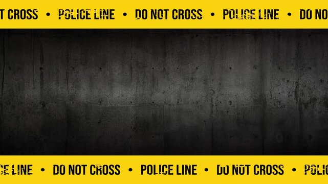 Looping Industrial Police Line Tape Border Animation with Repeating DO NOT CROSS Text on Dark Metal Wall 4K 60 fps