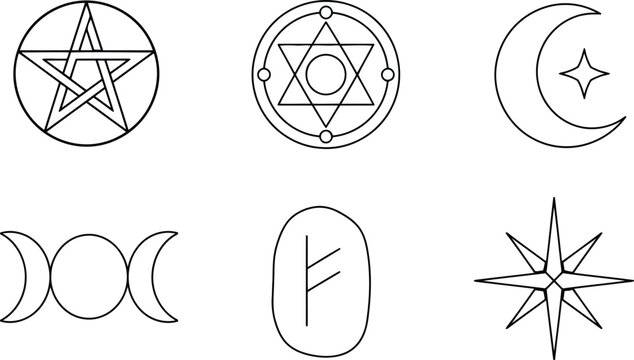 Mystic symbol line art with pentagram hexagram crescent moon rune and star outline icon set