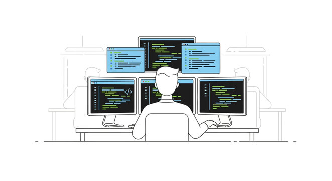 Software Programmer Working on Multiple Monitors, Web Developer Coding at Desk Illustration, Modern Tech Workspace Line Art Vector