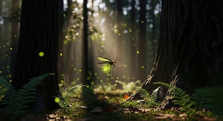 Misty forest path with fallen leaves and ferns. © ranz