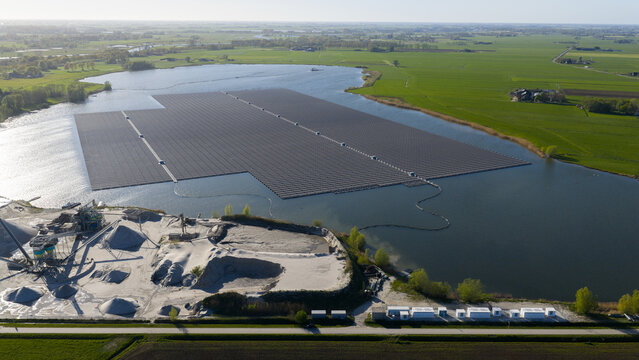 Zwolle, Overijssel, Netherlands - 23 April 2026: Battery Storage at Floating Solar Park in Zwolle