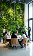 Obraz premium Collaboration sustainability workplace Diverse team meets at a table near a lush indoor vertical garden and green wall