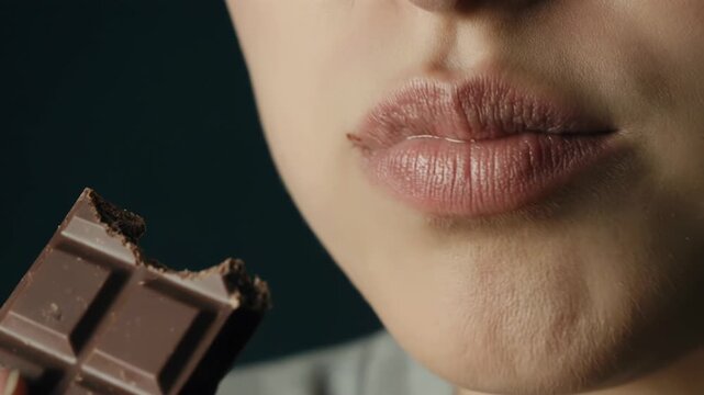Close-up of a young woman taking a bite of chocolate bar, showcasing the progression from holding to biting, with lips and teeth visible against a dark background