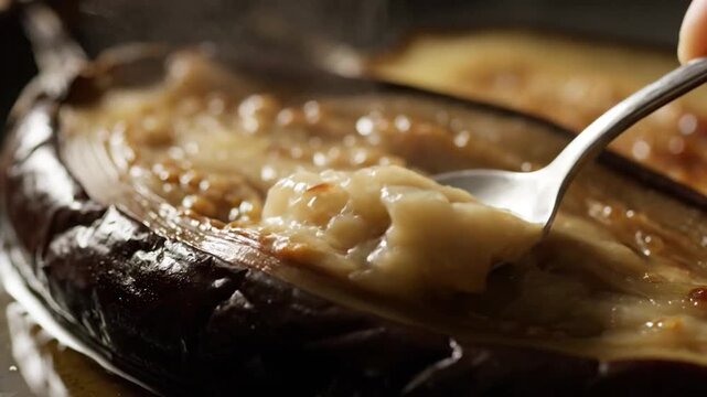 Close-up of a spoon scooping out the soft, cooked flesh of a roasted eggplant, revealing its tender texture and seeds, ready for a delicious meal.