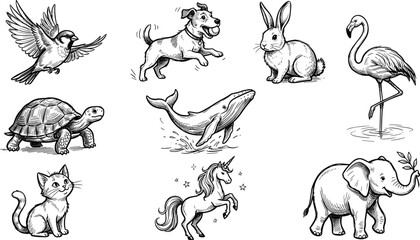 Hand Drawn Animal Icon Set with Bird, Dog, Rabbit, Flamingo, Turtle, Whale, Cat, Unicorn, and Elephant in Vintage Sketch Style © MdMustak
