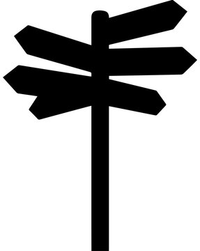 Black Silhouette of a Multi Directional Signpost with Arrows on White Background