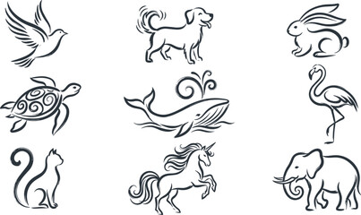 Hand Drawn Animal Icon Set with Bird, Dog, Rabbit, Turtle, Whale, Flamingo, Cat, Unicorn, and Elephant in Brush Sketch Style © MdMustak
