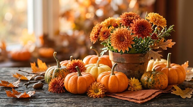 Halloween autumn still life pumpkins mums and fall foliage decoration
