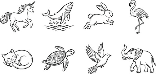 Hand Drawn Animal Icon Set with Unicorn, Whale, Rabbit, Flamingo, Cat, Turtle, Bird, and Elephant in Line Art Doodle Style © MdMustak