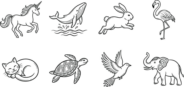 Hand Drawn Animal Icon Set with Unicorn, Whale, Rabbit, Flamingo, Cat, Turtle, Bird, and Elephant in Line Art Doodle Style