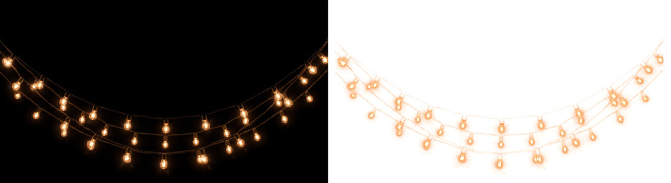 String of glowing yellow light bulbs hanging in a curve on black or transparent background, festive illumination, warm inviting ambiance