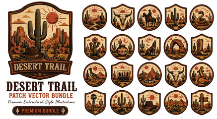Vintage Desert Trail patch vector bundle, retro western badges with cactus and cowboy elements, rustic outdoor adventure sticker set © preety