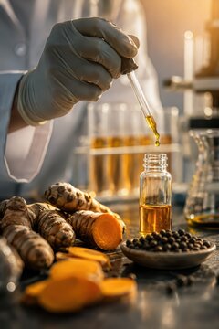 Turmeric Supplement Extract Pipetted in Warm Clinical Laboratory