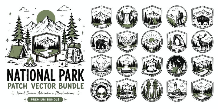 Vintage National Park patch vector bundle, hand drawn adventure illustrations, rustic outdoor camping badges with mountains and wildlife
