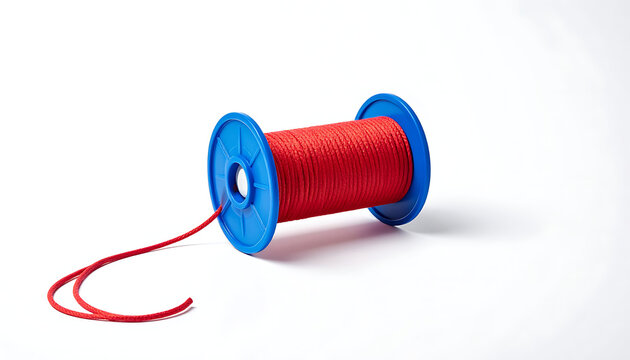 Spool of bright red cord or string with blue plastic ends, unwinding slightly on a clean white background