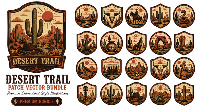 Vintage Desert Trail patch vector bundle, retro western badges with cactus and cowboy elements, rustic outdoor adventure sticker set