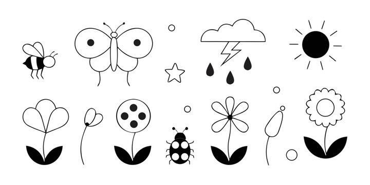 Seamless cute cartoon animals and insects floral vector pattern with flowers butterflies bees ladybugs birds spring summer nature abstract wallpaper illustration set