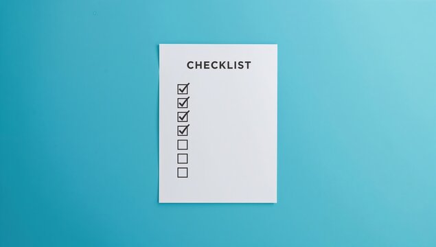 Checklist on white paper with check marks on a blue background, indicating completed tasks and remaining items for organization and planning purposes