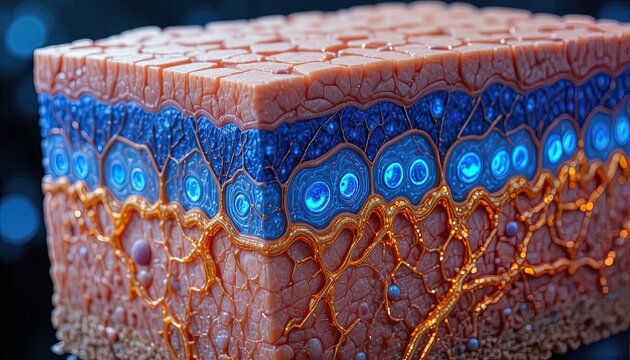 Microscopic crosssection reveals the layered structure of living tissue.