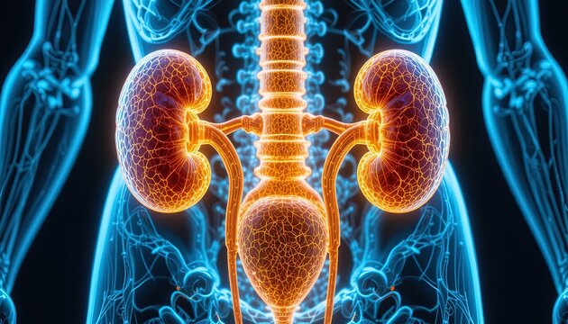 Illuminated human urinary system displays healthy kidneys and bladder in a glowing anatomical illustration.
