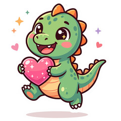 Fototapeta premium A cute green dinosaur holds a pink heart surrounded by colorful stars and hearts.