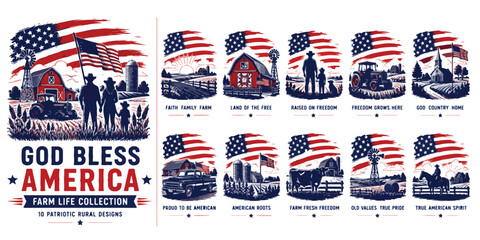 Patriotic American farm life collection, 10 vintage rural designs with USA flag, rustic barn and tractor illustrations for t-shirt graphics © preety