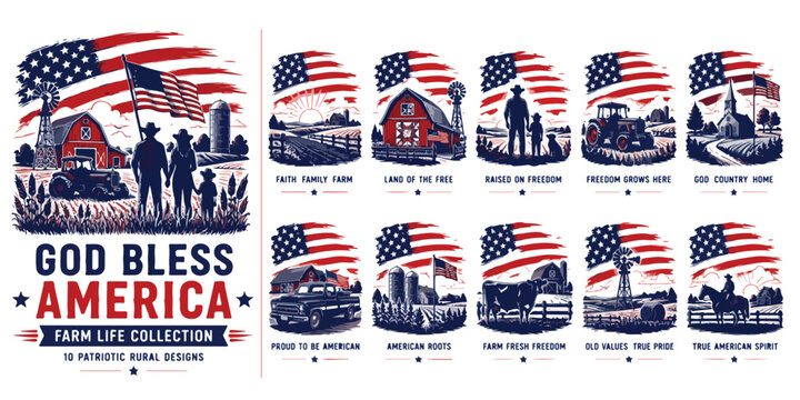 Patriotic American farm life collection, 10 vintage rural designs with USA flag, rustic barn and tractor illustrations for t-shirt graphics