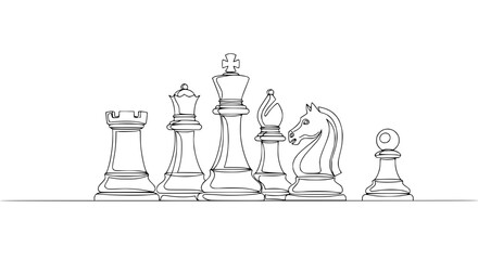 Continuous Line Drawing of Chess Pieces on White Background - Strategy, Game, Competition © Mam