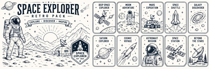 Retro space explorer vector pack, vintage astronaut and cosmic adventure badge set, 10 monochrome galaxy exploration cards with shuttle and planets © preety