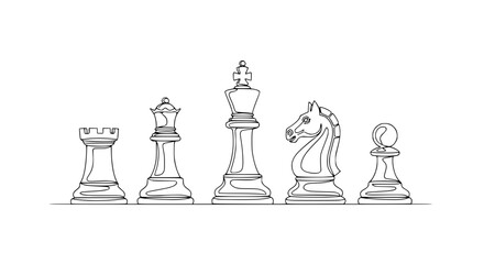Chess Pieces Line Art Drawing: King, Queen, Rook, Knight, Pawn © Mam