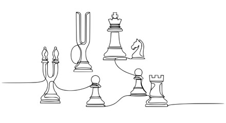Minimalist Chess Pieces Line Art: Strategy and Competition Concept © Mam