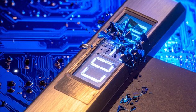 A glowing digital clock breaks apart atop a circuit board, representing the fragmentation of time in a hyperconnected world &mdash; where innovation disrupts every ticking second.