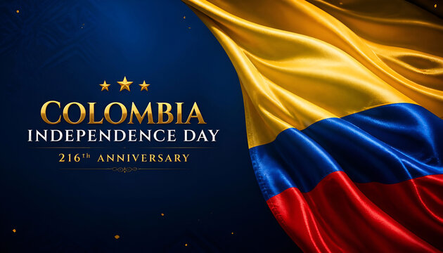 216th Anniversary Colombia Independence Day Banner with Waving Silk Flag