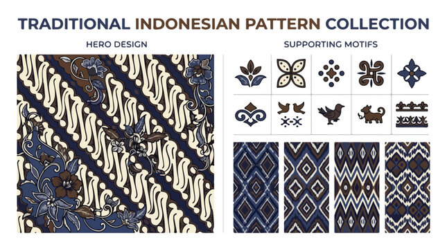 Traditional Indonesian pattern collection, batik parang hero design with supporting motifs, ethnic blue and brown textile vector set