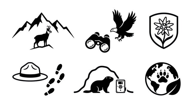 Mountain Wildlife and Nature Conservation Icon Set
