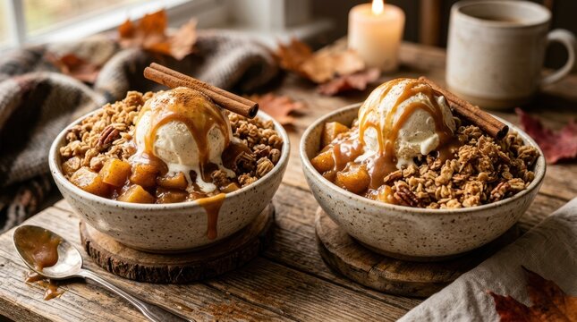 Cozy Autumn Dessert: Warm Apple Crumble with Vanilla Ice Cream and Caramel Drizzle