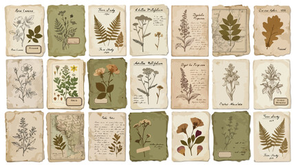 Vintage botanical herbarium collection, 21 antique plant sketches on aged paper, retro floral herb illustrations for scrapbooking and journal design © preety