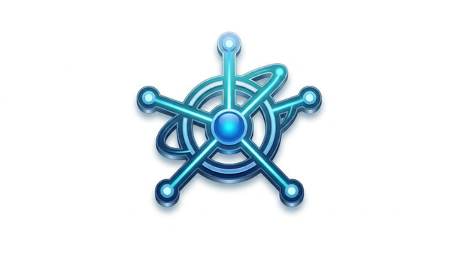 Abstract blue atomic structure with orbiting rings.