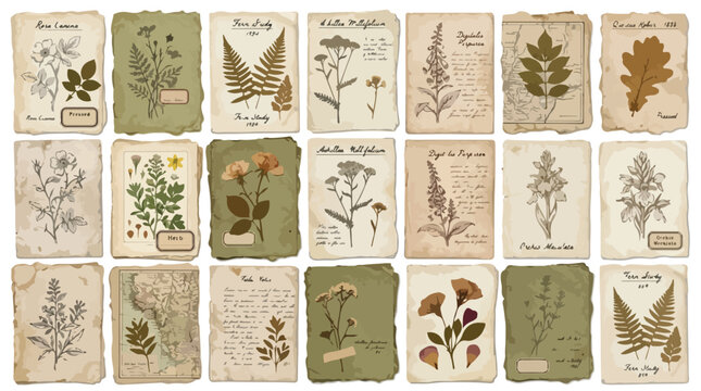 Vintage botanical herbarium collection, 21 antique plant sketches on aged paper, retro floral herb illustrations for scrapbooking and journal design