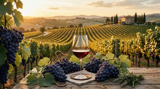 Glass of red wine and grapes on a table overlooking a vineyard at sunset
