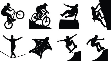 Obraz premium Extreme sports silhouettes set featuring mountain biking rock climbing skateboarding parkour rollerblading wingsuit flying and outdoor adventure activities