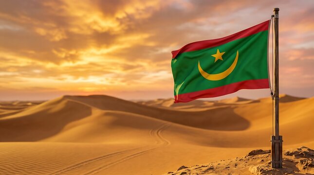 National flag of Mauritania waving in Sahara Desert sand dunes during sunset golden hour lighting
