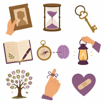 Vector icon set of memory and nostalgia symbols featuring an hourglass, family tree, vintage key, journal, lantern, brain compass, and a string tied around a finger for a reminder.