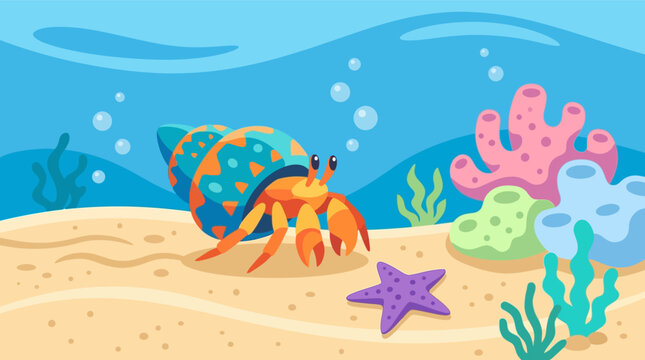 Cartoon illustration of a bright orange hermit crab carrying a patterned blue and orange shell on the sandy ocean floor with a purple starfish and colorful coral reefs.