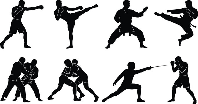 Martial arts and combat sports silhouette set featuring boxing karate kickboxing fencing wrestling and judo fighters on white background