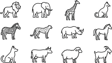Wild and Farm Animal Icon Set with Lion, Elephant, Giraffe, Zebra, Cheetah, Rhino, Horse, Dog, Cow, Sheep, and Goat Line Art © MdMustak